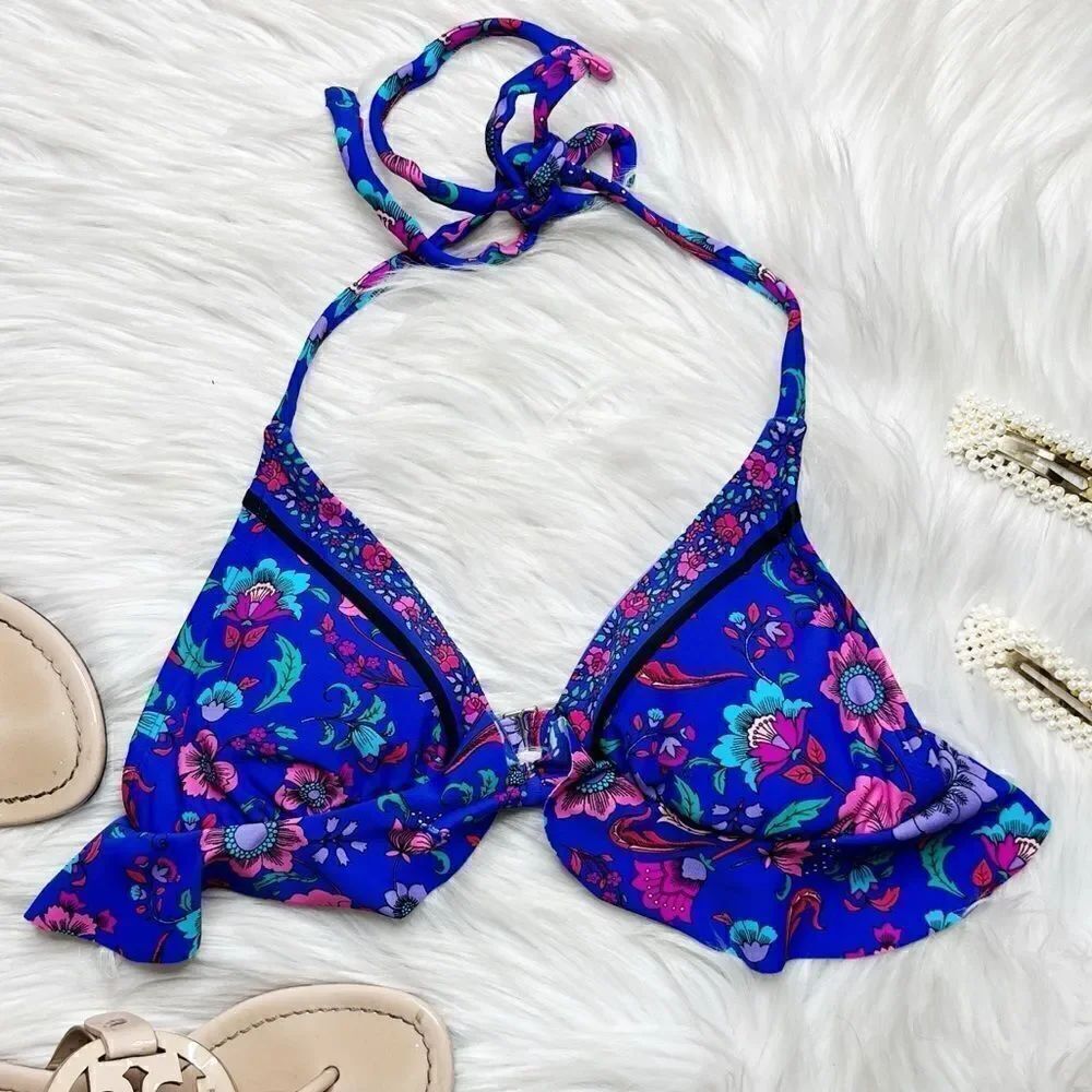 Xhilaration Triangle Ruffle Floral Bikini Top Purple & Pink Size XS